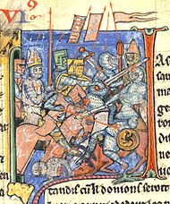 Adhémar de Monteil porte la Sainte Lance.Enluminure du XIIIe siècle