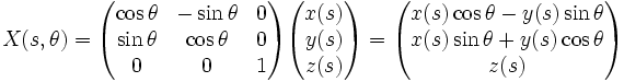 X(s,\theta)=\begin{pmatrix}
\cos \theta & -\sin\theta & 0 \\
\sin \theta &  \cos \theta & 0\\
0 & 0 & 1
\end{pmatrix}
\begin{pmatrix}
x(s)\\
y(s)\\
z(s)
\end{pmatrix}
=
\begin{pmatrix}
x(s)\cos\theta-y(s)\sin\theta\\
x(s)\sin \theta+y(s)\cos\theta\\
z(s)
\end{pmatrix}