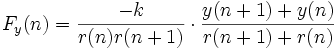F_y(n) =\frac{-k}{r(n)r(n+1)}\cdot\frac{y(n+1)+y(n)}{r(n+1)+r(n)}\,