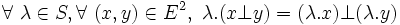  \forall\ \lambda \in S , \forall\ ( x , y ) \in E^2 ,\ \lambda . ( x \bot y ) = ( \lambda . x ) \bot ( \lambda . y ) \,