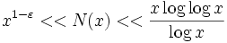 x^{1-\varepsilon} << N(x) << \frac{x\log\log x}{\log x}