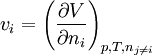 v_i = \left (  \frac{\partial V}{\partial n_i} \right )_{p,T,n_{j\neq i}} 