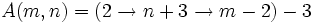 A(m, n) = (2 \rightarrow n+3 \rightarrow m-2)-3\,\!