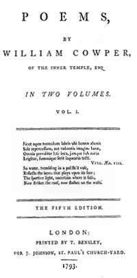 La page lit "Poésis, par William Cowper, du Inner Temple, Esq. en deux Volumes. Vol. I...La Cinquième Edition. London: Publia par T. Bensley, Pour J. Johnson, St. Paul's Church-Yard. 1793."