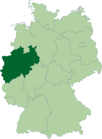 Localisation de la Rhénanie-du-Nord-Westphalie (en vert foncé) à l'intérieur de l'Allemagne