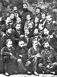 Le groupe fondateur de la Première Internationale à Madrid, en octobre 1868. Fanelli est au dernier rang, au centre, avec la longue barbe noire.