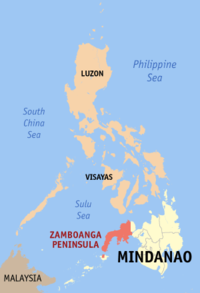 Localisation de la péninsule de Zamboanga (en rouge) dans les Philippines.