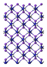 Amidure de sodium : en bleu, les atomes d'azote, en violet, les sodium et en blanc, les hydrogène