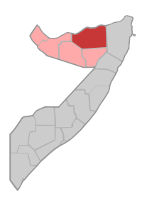 Localisation de la province de Sanaag (en rouge) à l'intérieur de la Somalie