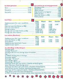 Photo du menu imprimé du Royaume de la Patate en 1995.