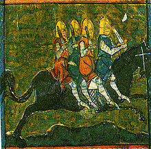 Un cheval brun foncé portant quatre chevaliers en armure.