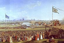 tableau représentant la course de chevaux en 1823 avec la tente royale en arrière plan
