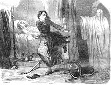 À la gauche du dessin, un homme malade ou mourant est allongé dans un lit. Au centre, une femme s'éloigne à la course d'une femme masquée et habillée en blanc qui se tient à la droite du dessin.