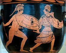 Combat d'Achille et de Penthésilée, cratère en cloche lucanien de la fin du Ve siècle av. J.‑C., Musée national archéologique de Madrid
