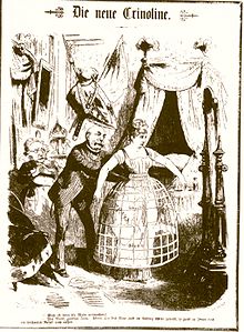 « La nouvelle crinoline. Bismarck taille à la Germania réticente des sous-vêtements coloniaux à la mode. », gravure de Gustav Heil pour le journal satirique Berliner Wespen du 13 mars 1885.