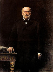Peinture représentant Jules Grévy, debout, vêtu d'un austère costume noir. Sa main gauche repose sur deux épais livres, posés sur une table.
