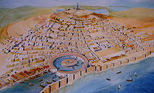 Aquarelle de la cité de Carthage à l'époque punique avec l'agora sur la partie gauche, une place publique proche des ports