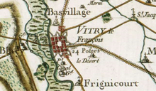 Carte de Cassini de Vitry-le-François datant de 1760. On peut y retrouver le plan de la ville et y voir ses remparts.