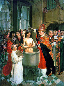 Une représentation artistique du baptême de Clovis, dans la Sainte-Chapelle à Paris.