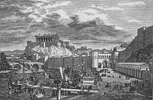 Image anachronique en noir et blanc du Capitole depuis les bords du Tibre. Le mur servien est surdimensionné.