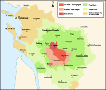 Carte des différentes zones de production du Cognac et du Pineau dans les deux Charentes : Les Mathes est en bois ordinaires