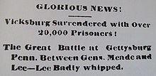 Journal titrant : Glorieuses nouvelles. Vicksburg se rend avec plus de 20000 prisonniers ! Grande bataille à Gettysburg entre Meade et Lee. Lee sévèrement battu.