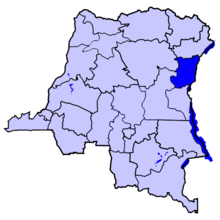 Localisation du Nord-Kivu (en bleu foncé) à l'intérieur de la République démocratique du Congo