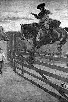 Dick Turpin et sa monture, à Hornsey, près de Londres. Illustration pour le roman Rookwood de William Harrison Ainsworth (1849). Un cheval saute une barrière de bois avec, le montant, un homme portant un chapeau et tenant un pistolet en l'air.