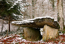 Photo du dolmen enneigé