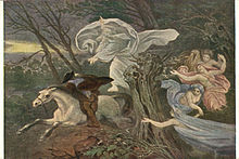 La scène se déroule dans un bois. À la gauche de l'illustration, un cavalier fuit alors qu'il est poursuivi par ce qui semble un sorcier qui le survole. À la droite, quatre êtres observent la scène.
