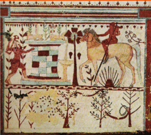 Fresque murale en couleur, un homme équipé en hoplite et un cavalier portant une longue lance.
