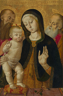 Reproduction d'une oeuvre de Fungai : une Madonne à l'enfant, avec deux saints hermites