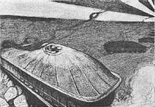 Illustration de 1904 du livre de H. G. Wells, Les cuirassés de terre, montrant d'énormes cuirassés équipés des ancêtres des chenilles.