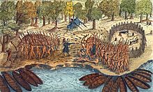 Gravure représentant le début des guerres franco-iroquoises en 1609 où Champlain appuie les Algonquins contre les Iroquois.