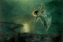 La peinture montre une petite fée aux ailes de libellules dont la tête cache en partie le Soleil. Elle se tient dans un décor brumeux.