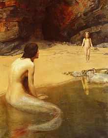 Du côté gauche de la peinture se tient une sirène. Assise sur une berge, elle observe une fillette nue qui vient vers elle du côté droit. En arrière-plan se trouve une paroi rocheuse.