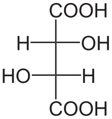 Schéma montrant la formule développée de la forme L. de l'acide tartrique, le principal acide organique du vin.