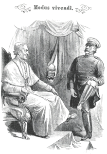 Caricature de Wilhelm Scholz à propos du Kulturkampf. Le pape Léon XIII et le chancelier se demandent réciproquement de se baiser les pieds le Pontife : « Ne faites donc pas de manière ! »  Bismarck : « S'il vous plaît, de même ! » issue du Kladderadatsch, n° 14/15 du 18 mars 1878.