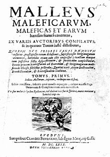 Page de titre du traité de démonologie nommé Malleus Maleficarum présentant le dieu Hermès en gravure.