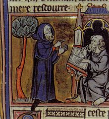Enluminure d’un manuscrit français du XIIIe siècle représentant l'enchanteur Merlin, à gauche, discutant avec un moine copiste, à droite.