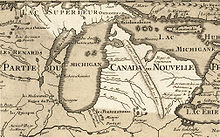 Gravure représentant une carte du Michigan en Nouvelle-France par Guillaume Delisle en 1718.
