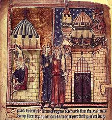 Dessin médiéval conservé à la British Library et représentant, d'un côté Richard Coeur de Lion en captivité en Allemagne et, de l'autre, Richard Cœur de Lion sous les remparts de Châlus