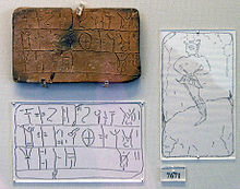 Tablette d'argile où sont écrits des caractères mycéniens, ressemblant à des dessins, placés sur des lignes. En dessous, un dessin copie au propre le tracé des caractères.