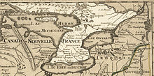 Gravure représentant une carte de l’Ontario en Nouvelle-France par Guillaume Delisle en 1718.