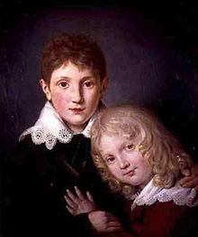 Portrait de Paul et Alfred de Musset en 1815 par Fortune Dufau. Paul (11 ans) tient Alfred (5 ans) dans ses bras. Musée Carnavalet.