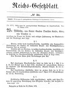 Texte de loi du 21 Octobre 1878 : « Loi contre les efforts collectif dangereux de la social-démocratie »
