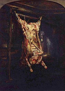 Clair-obscur caractéristique de ce peintre : La carcasse évidée d’un bœuf écorché suspendue par les pattes arrières largement écartées, avec ses rouges, jaunes et bleus, se détache de la pénombre qui laisse deviner la structure porteuse en bois.