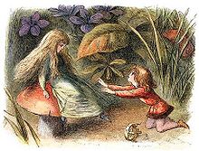 Deux petits être se font face parmi des plantes. À la gauche, une fillette aux cheveux longs est assise sur un champignon, alors qu'un garçon lui tend les bras. Entre les deux sur le sol se trouve une couronne.