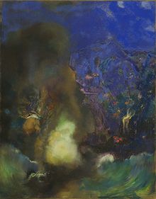 Peinture dans laquelle on distingue une femme attachée sur un rocher et un cavalier sur une monture volante en partie caché par la fumée, qui vient la délivrer.