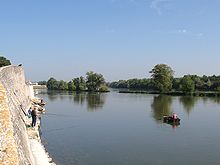 Photographie de la Loire en été sous un grand soleil. Deux personnes pêchent, une autre est dans une barque. L'arrière plan est un paysage de Loire très vert, avec de nombreux arbres sur les îles.
